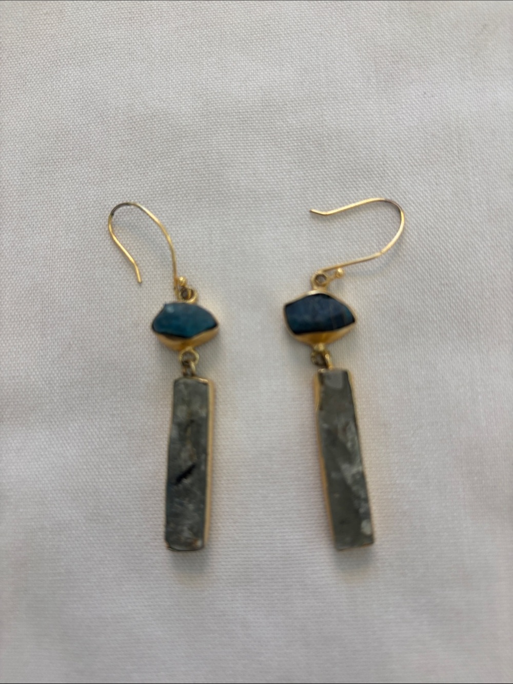 Gold Drop Earrings with Green Stone and Gray Green Pendant